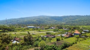 Lush green mountains and agricultural gardens leading to the north coast of Bali.