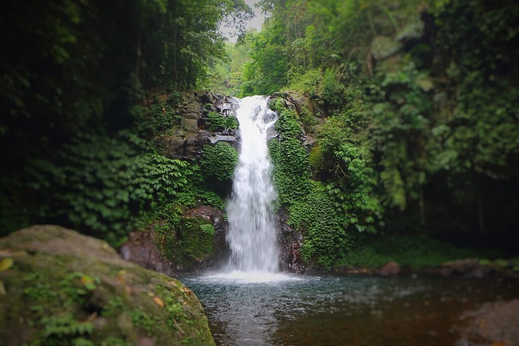 Gitgit waterfall falling through dense jungle in Buleleng, North Bali